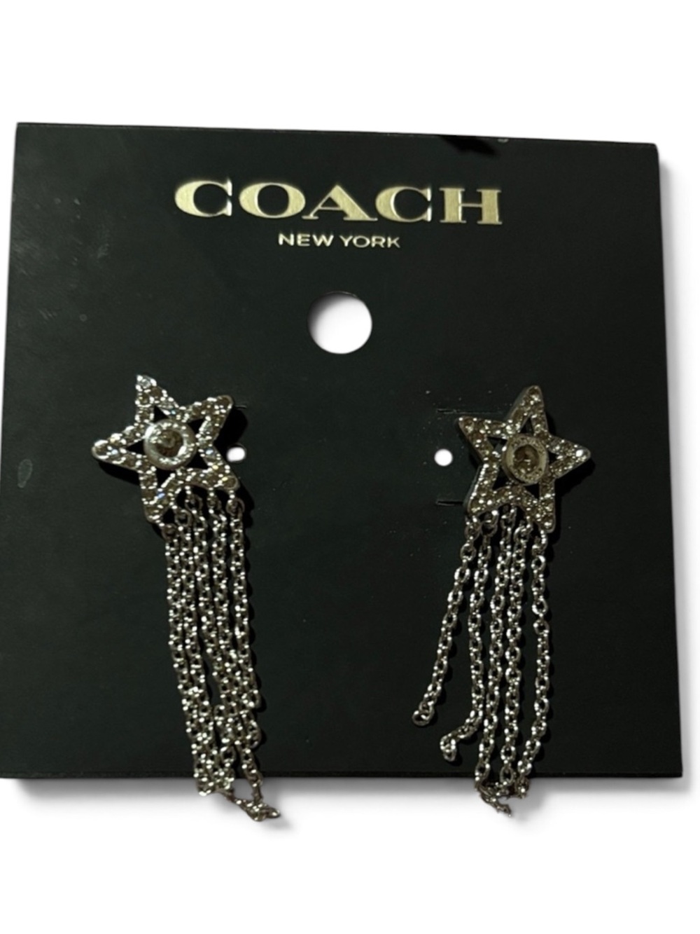 ✨ NWT Coach Signature Pavé Star Tassel Fringe Drop Earrings ✨ - Picture 3 of 6